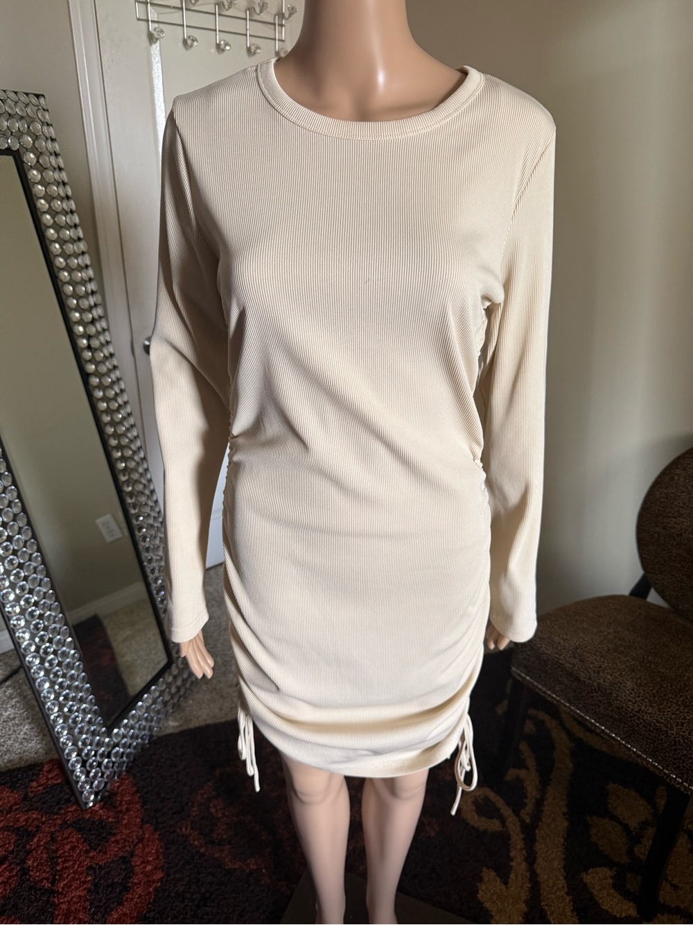 Cream Long-Sleeve Ruched Bodycon Dress